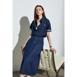 Women Denim Shirt Half Length Skirt 2024 Summer New Retro Style Two Piece Set