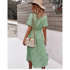Summer Women Floral Print Dress Casual Short Sleeve Button Holiday Midi Dresses Female V-Neck Beach Boho Chic Dress Elegant Robe