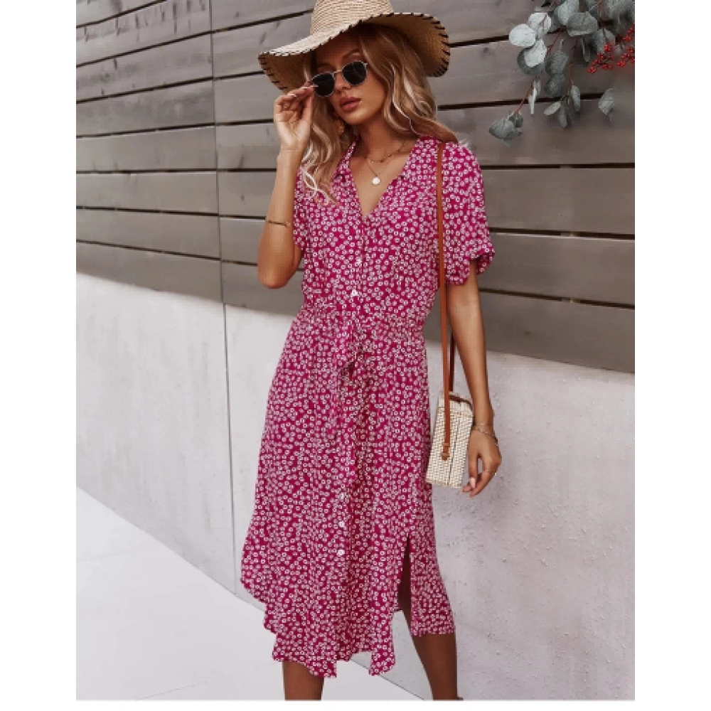 Summer Women Floral Print Dress Casual Short Sleeve Button Holiday Midi Dresses Female V-Neck Beach Boho Chic Dress Elegant Robe